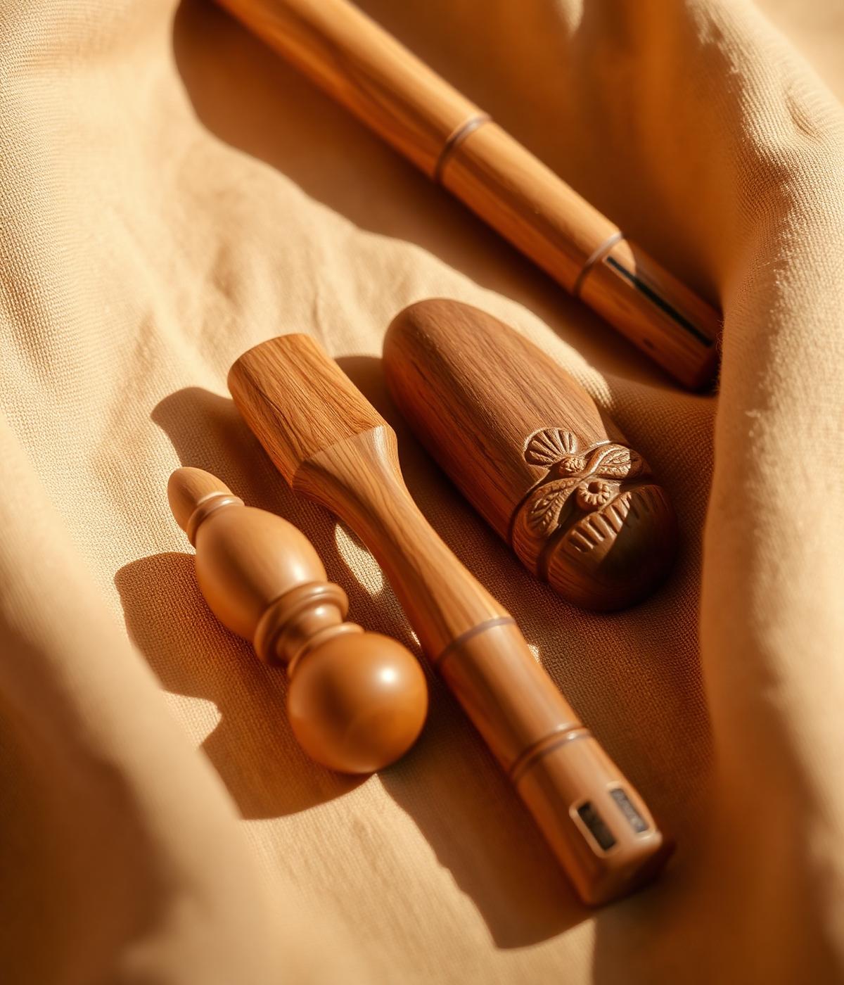 Hand-carved wooden massage tools on linen